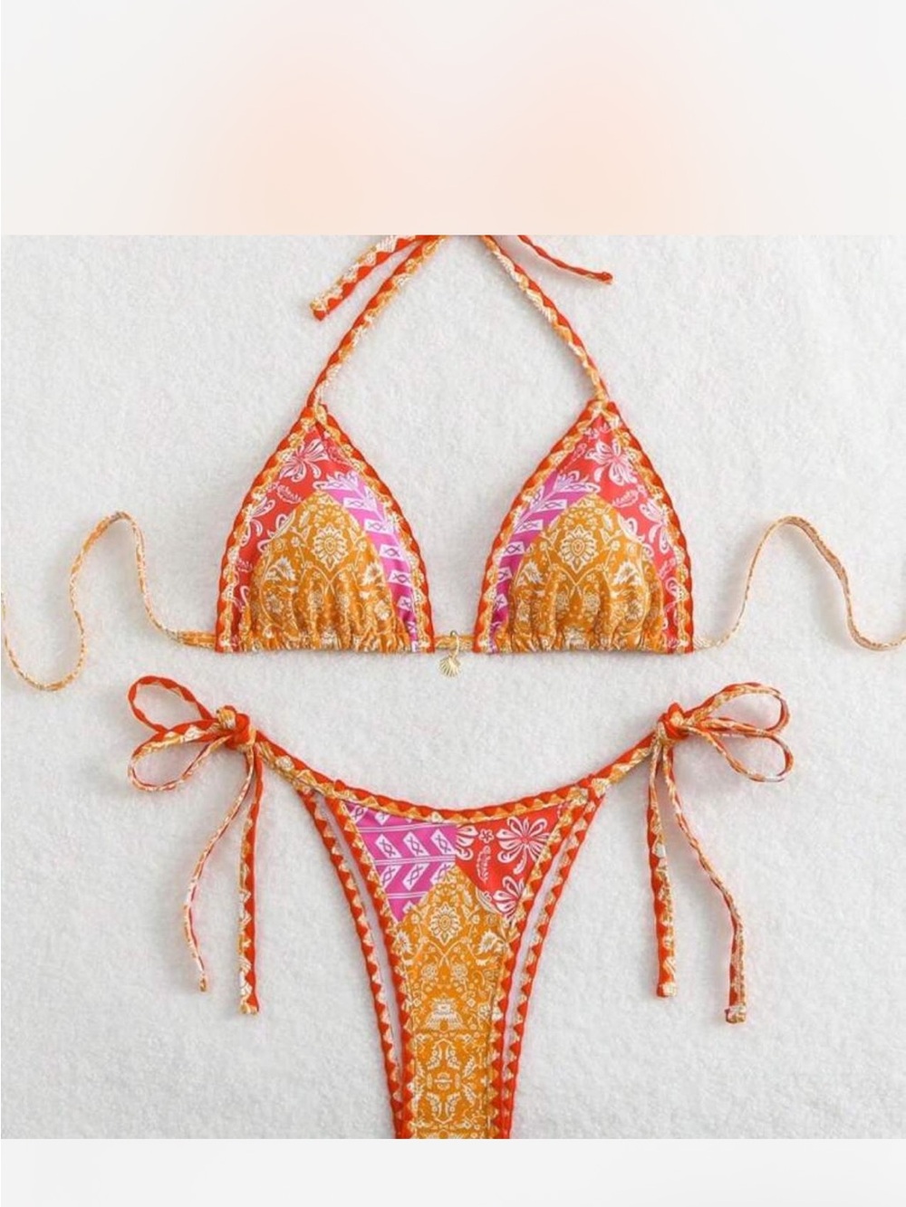 Orange & Pink Paisley Tie-Side Triangle Bikini